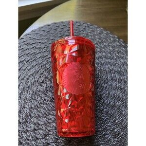 Starbucks 2023 Holiday Red Diamond Prism 16 OZ Cold Cup Tumbler/Straw